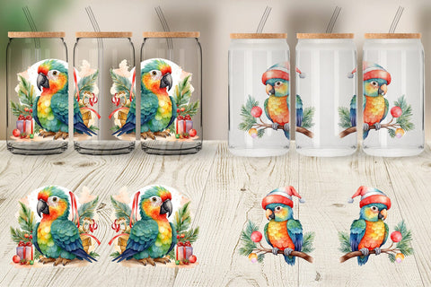 Glass Can Watercolor Christmas Parrot Sublimation artnoy 