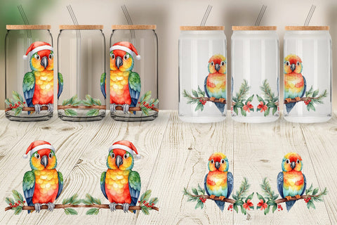 Glass Can Watercolor Christmas Parrot Sublimation artnoy 