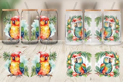 Glass Can Watercolor Christmas Parrot Sublimation artnoy 