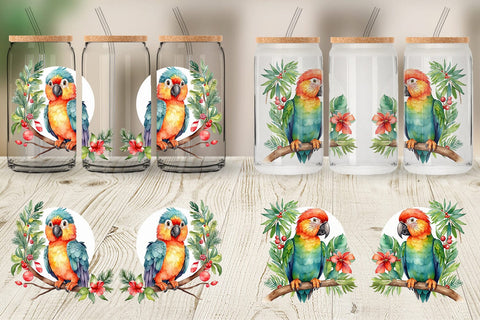 Glass Can Watercolor Christmas Parrot Sublimation artnoy 