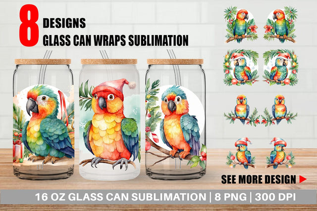 Glass Can Watercolor Christmas Parrot Sublimation artnoy 