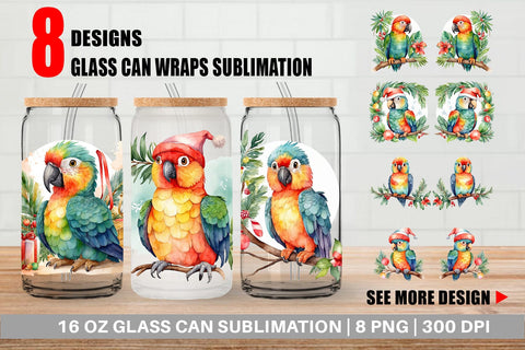 Glass Can Watercolor Christmas Parrot Sublimation artnoy 