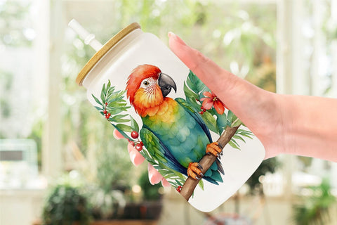 Glass Can Watercolor Christmas Parrot Sublimation artnoy 
