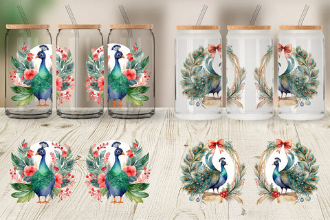 Glass Can Watercolor Christmas Peacock Sublimation artnoy 