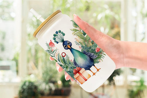 Glass Can Watercolor Christmas Peacock Sublimation artnoy 