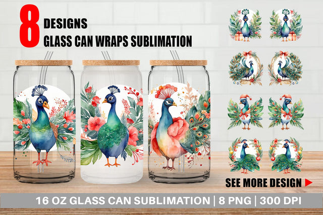 Glass Can Watercolor Christmas Peacock Sublimation artnoy 