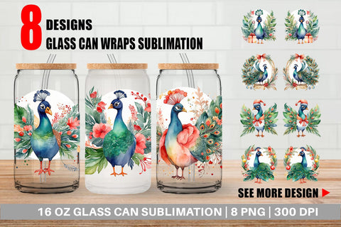 Glass Can Watercolor Christmas Peacock Sublimation artnoy 
