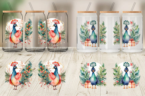Glass Can Watercolor Christmas Peacock Sublimation artnoy 
