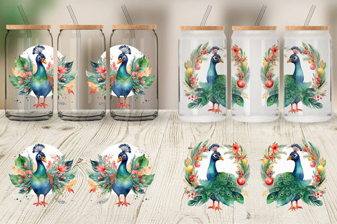 Glass Can Watercolor Christmas Peacock Sublimation artnoy 