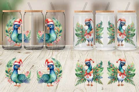 Glass Can Watercolor Christmas Peacock Sublimation artnoy 