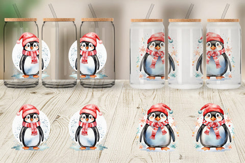 Glass Can Watercolor Christmas Penguin Sublimation artnoy 