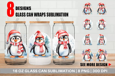 Glass Can Watercolor Christmas Penguin Sublimation artnoy 