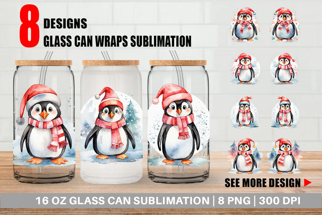 Glass Can Watercolor Christmas Penguin Sublimation artnoy 