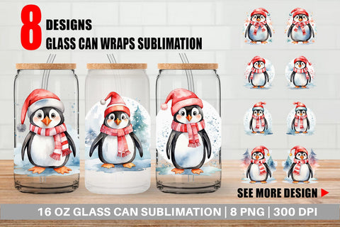 Glass Can Watercolor Christmas Penguin Sublimation artnoy 