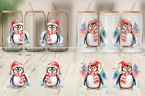 Glass Can Watercolor Christmas Penguin Sublimation artnoy 