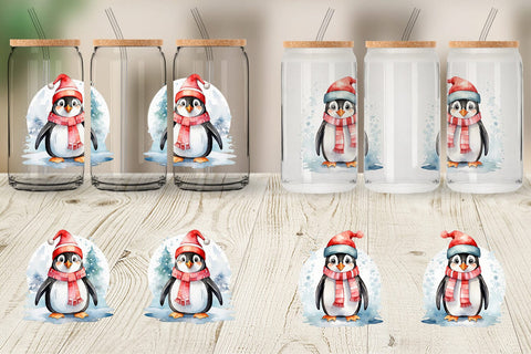 Glass Can Watercolor Christmas Penguin Sublimation artnoy 