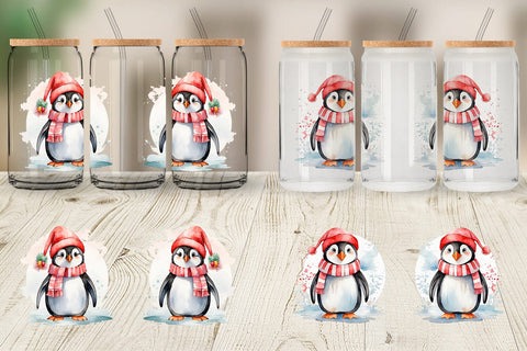Glass Can Watercolor Christmas Penguin Sublimation artnoy 