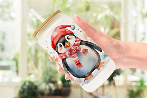 Glass Can Watercolor Christmas Penguin Sublimation artnoy 