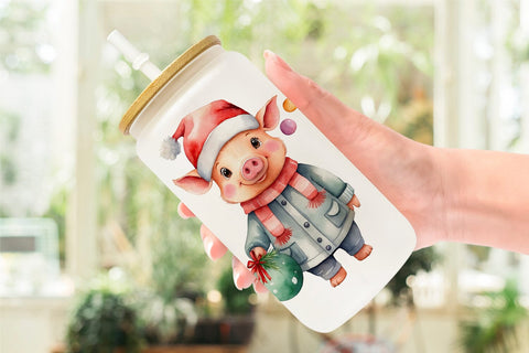 Glass Can Watercolor Christmas Pig Sublimation artnoy 