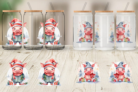 Glass Can Watercolor Christmas Pig Sublimation artnoy 