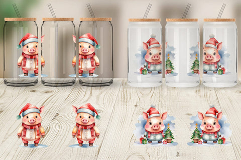 Glass Can Watercolor Christmas Pig Sublimation artnoy 
