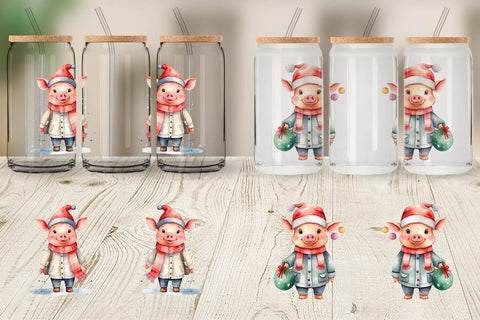 Glass Can Watercolor Christmas Pig Sublimation artnoy 