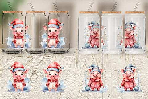Glass Can Watercolor Christmas Pig Sublimation artnoy 
