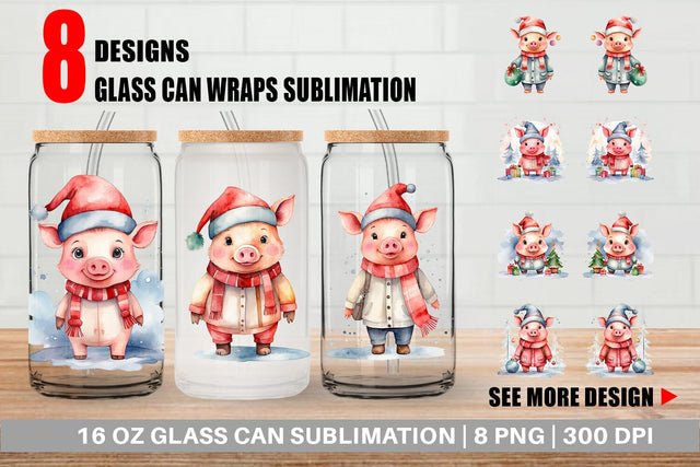 Glass Can Watercolor Christmas Pig Sublimation artnoy 
