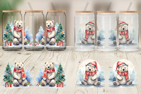 Glass Can Watercolor Christmas Polar Bear Sublimation artnoy 