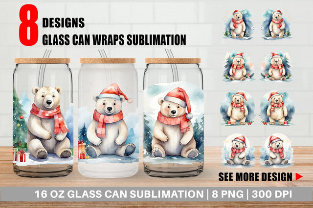 Glass Can Watercolor Christmas Polar Bear Sublimation artnoy 