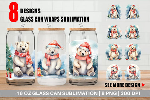Glass Can Watercolor Christmas Polar Bear Sublimation artnoy 