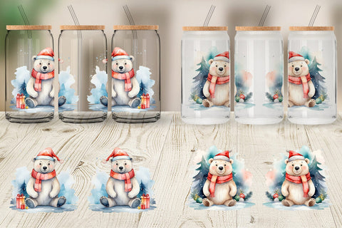 Glass Can Watercolor Christmas Polar Bear Sublimation artnoy 
