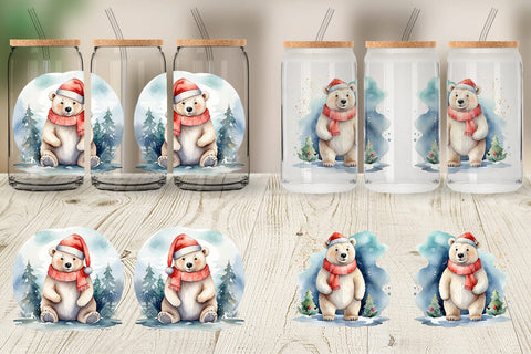 Glass Can Watercolor Christmas Polar Bear Sublimation artnoy 