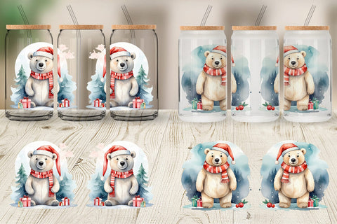 Glass Can Watercolor Christmas Polar Bear Sublimation artnoy 