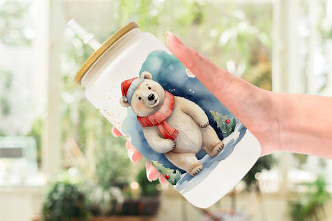 Glass Can Watercolor Christmas Polar Bear Sublimation artnoy 