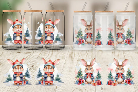 Glass Can Watercolor Christmas Rabbit Sublimation artnoy 