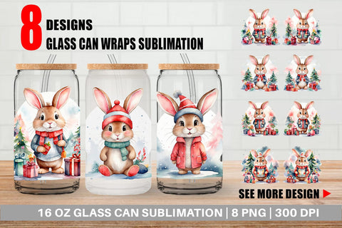 Glass Can Watercolor Christmas Rabbit Sublimation artnoy 
