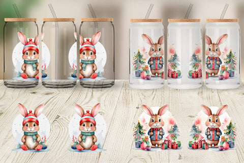Glass Can Watercolor Christmas Rabbit Sublimation artnoy 