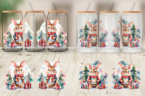 Glass Can Watercolor Christmas Rabbit Sublimation artnoy 