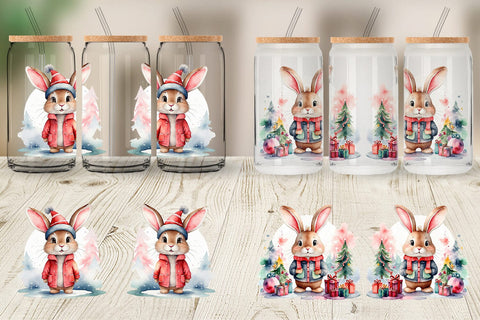 Glass Can Watercolor Christmas Rabbit Sublimation artnoy 