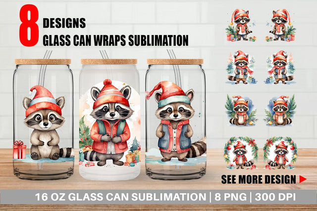 Glass Can Watercolor Christmas Raccoon Sublimation artnoy 