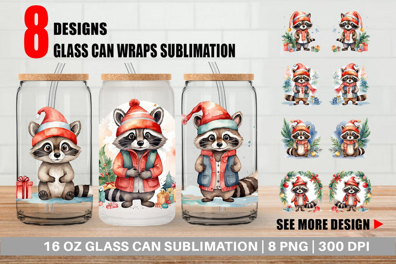 Glass Can Watercolor Christmas Raccoon Sublimation artnoy 