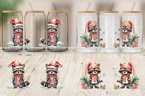 Glass Can Watercolor Christmas Raccoon Sublimation artnoy 