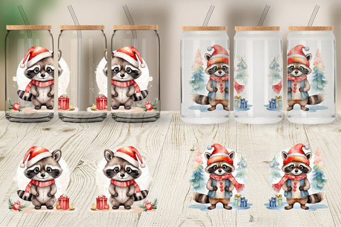 Glass Can Watercolor Christmas Raccoon Sublimation artnoy 