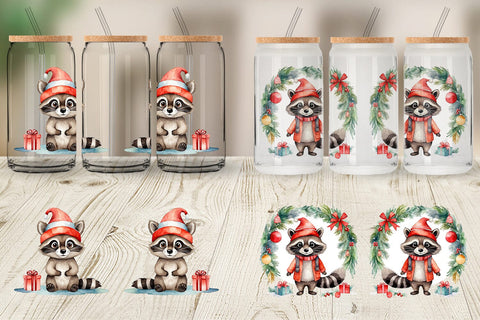 Glass Can Watercolor Christmas Raccoon Sublimation artnoy 
