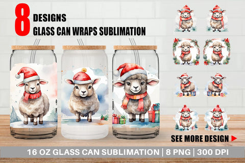Glass Can Watercolor Christmas sheep Sublimation artnoy 