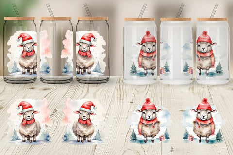 Glass Can Watercolor Christmas sheep Sublimation artnoy 