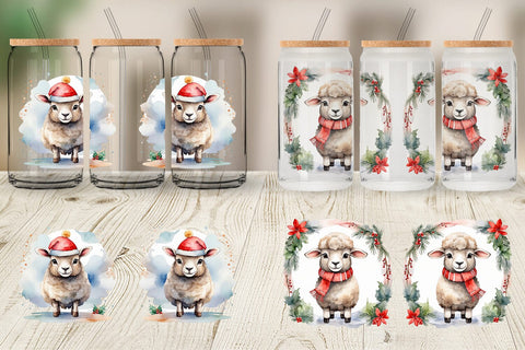 Glass Can Watercolor Christmas sheep Sublimation artnoy 