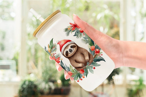 Glass Can Watercolor Christmas sloth Sublimation artnoy 