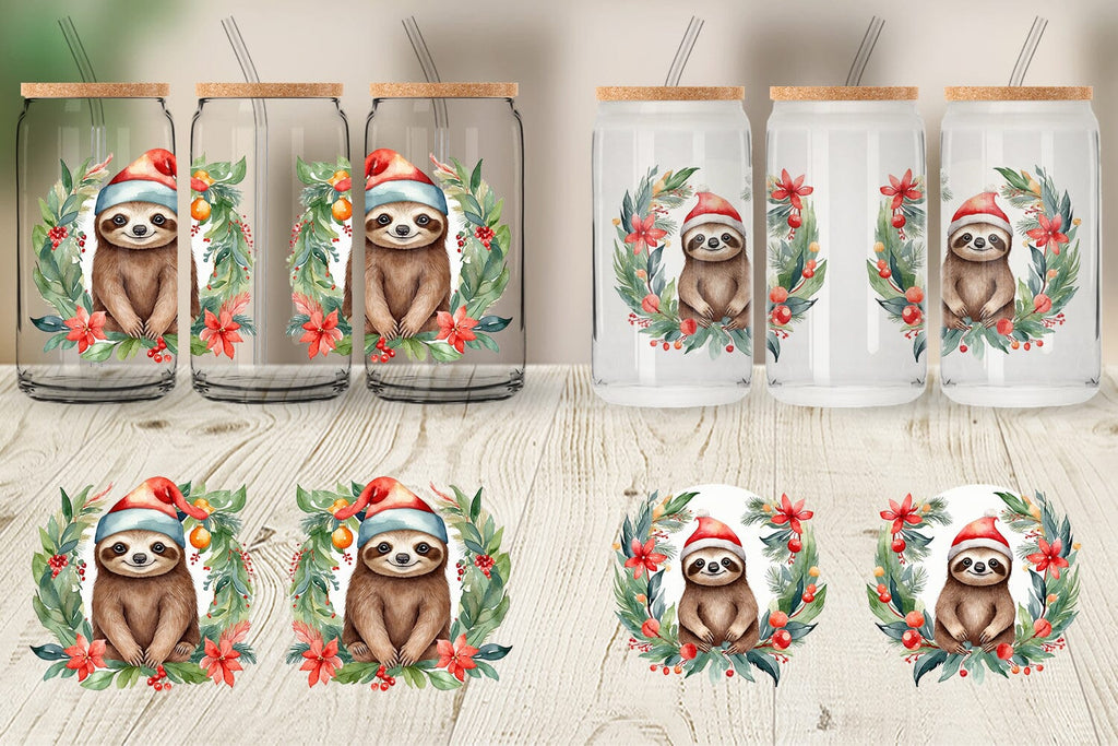 Glass Can Watercolor Christmas sloth - So Fontsy
